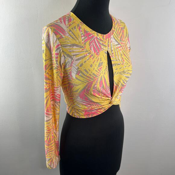 RED CARTER Yellow Pink Top Stretch Tropical Split Front Crew Neck Size Small S - Picture 7 of 12